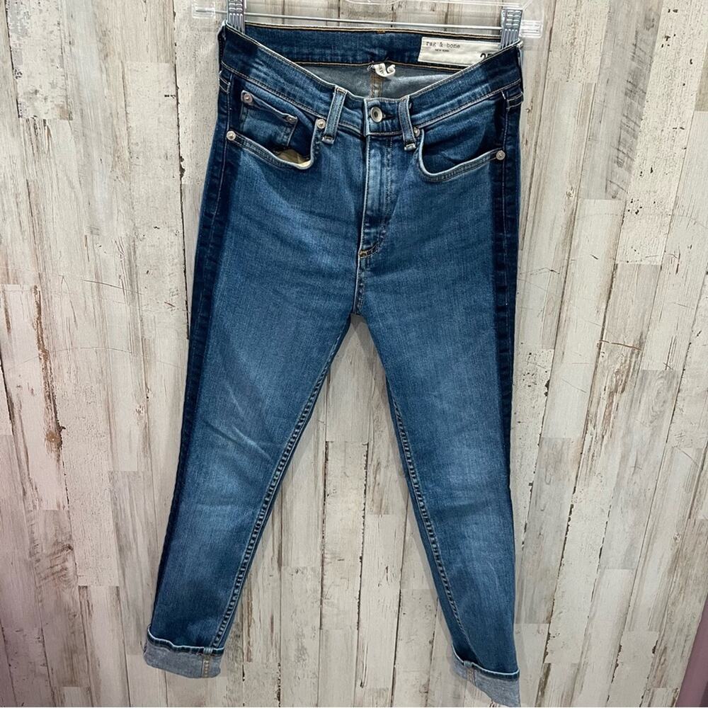 Rag & Bone High Rise‎ Ankle Skinny Jeans Two Tone Denim Tuxedo Stripe
